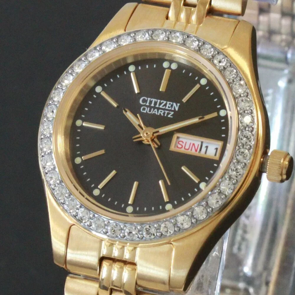 Citizen Ladies Classic Quartz Watch Crystal Bezel Gold Toone Black Dial 26mm